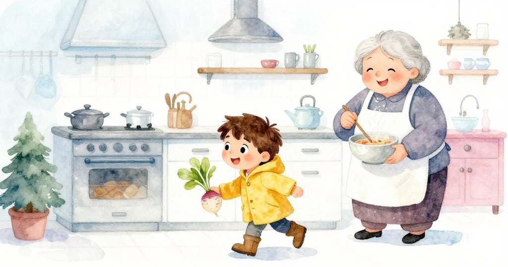 保羅帶著採來的小白蘿蔔回家,祖母在廚房裡歡笑攪湯,展現冒險圓滿後溫馨平和的家庭結局。