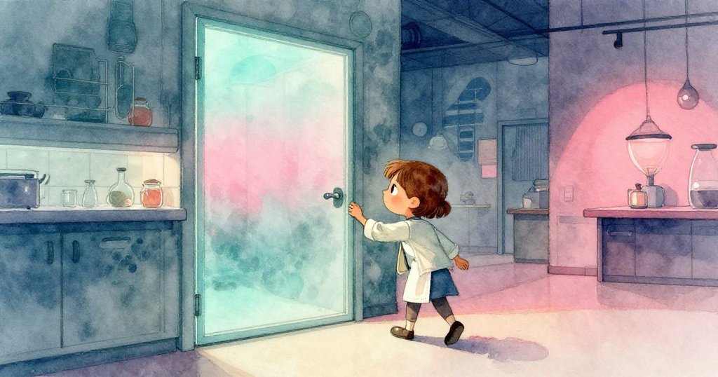 米拉穿著現代廚師制服和外套，在低光博物館廚房中向覆霜門邊前進，臉上流露堅定且期待的表情，背景透出都市藝術氣息。