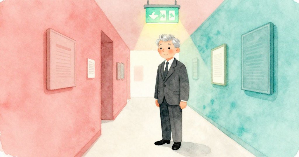 博物館走廊中，銀髮紳士站在柔光出口標示下，神情神秘溫和，從低角度呈現現代都市風情。