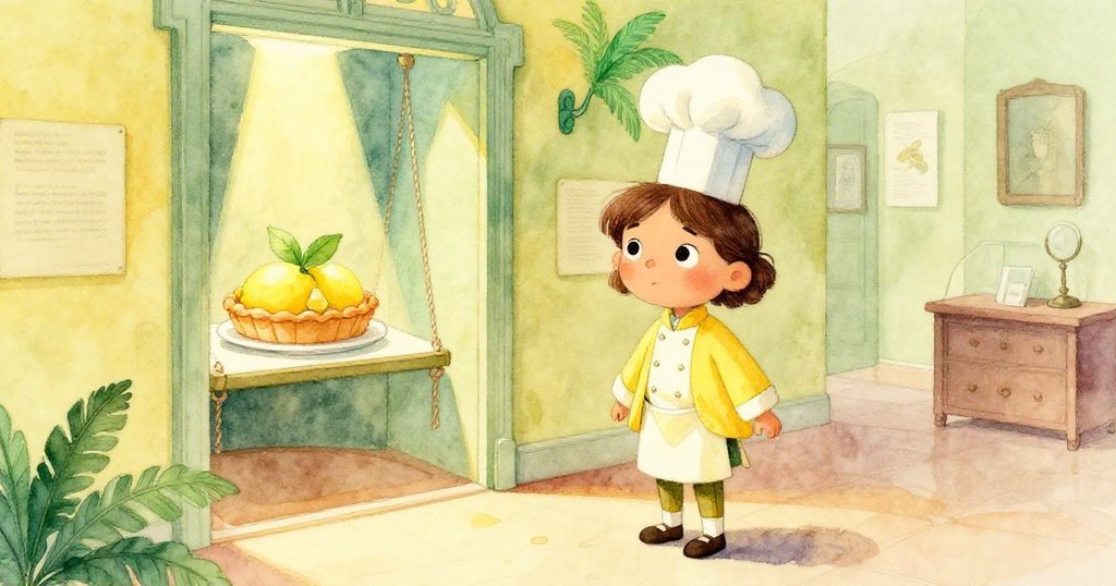 米拉好奇穿越走廊過渡空間，輕推搖晃門扉，聚光燈下檸檬塔於絲絨台上閃耀，臉上寫滿期待。