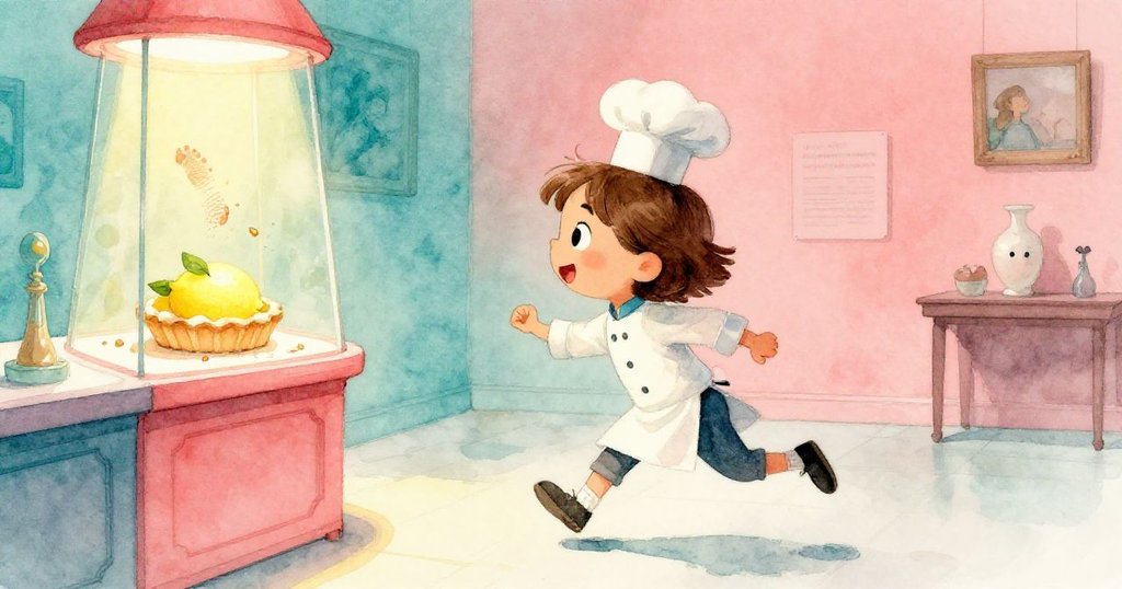 米拉在展廳中興奮奔跑，目光專注捕捉檸檬塔上的細微指紋與麵包屑，畫面動感十足展現都市冒險情懷。