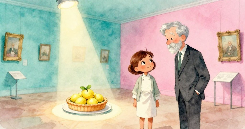 在寬敞展覽廳中，檸檬塔靜臥於絲絨桌布上，米拉和銀髮紳士交換著充滿神秘與溫馨的微笑，完美收尾都市美學。