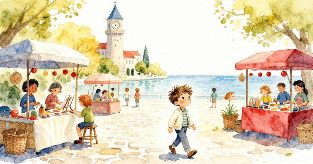 米洛穿越石板廣場,周圍充滿熱鬧市集和畫家,時鐘塔倒影映出奇幻雙重世界,他充滿活力前行