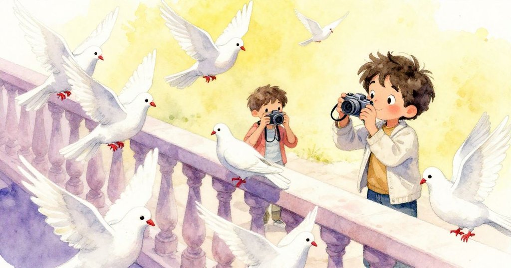 鴿子視角展現鴿群在欄杆上飛舞,米洛在背景專注調整相機,輕飄稻草與溫暖陽光營造活潑氣氛