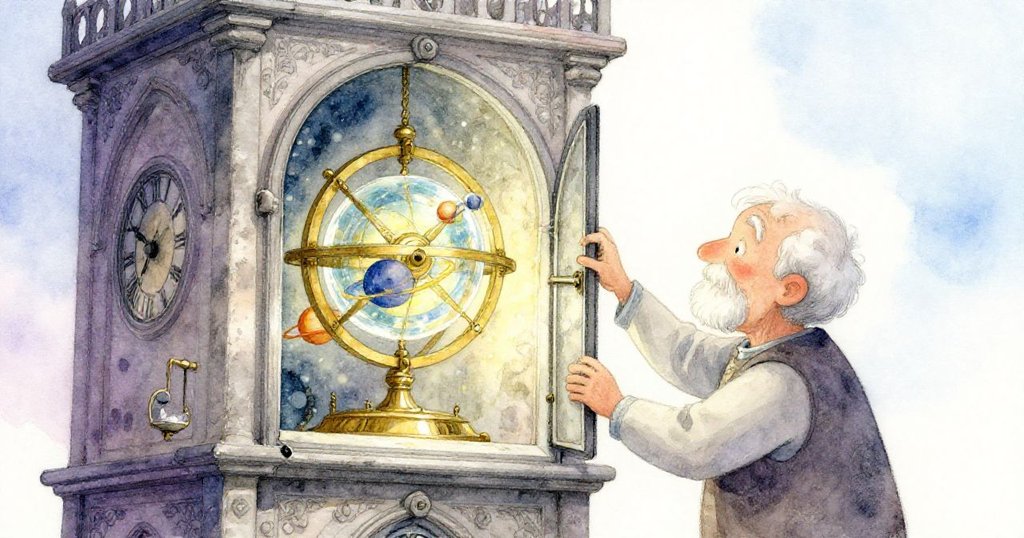 看護人打開塔內小孔,展示充滿魔幻光芒的天文儀,黃銅行星與發光玻璃球交織出秩序與奇幻雙重世界