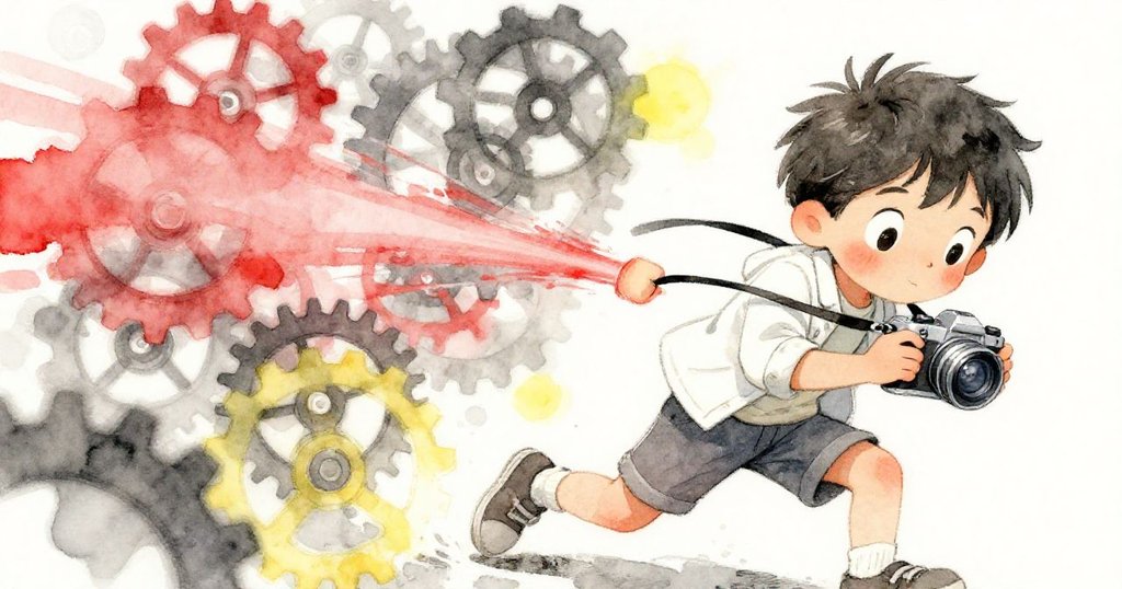 米洛因相機帶被拉扯猛跌,動態模糊展示他急促動作與天文儀齒輪迅速運轉,場面充滿活力與稍縱即逝的緊張感