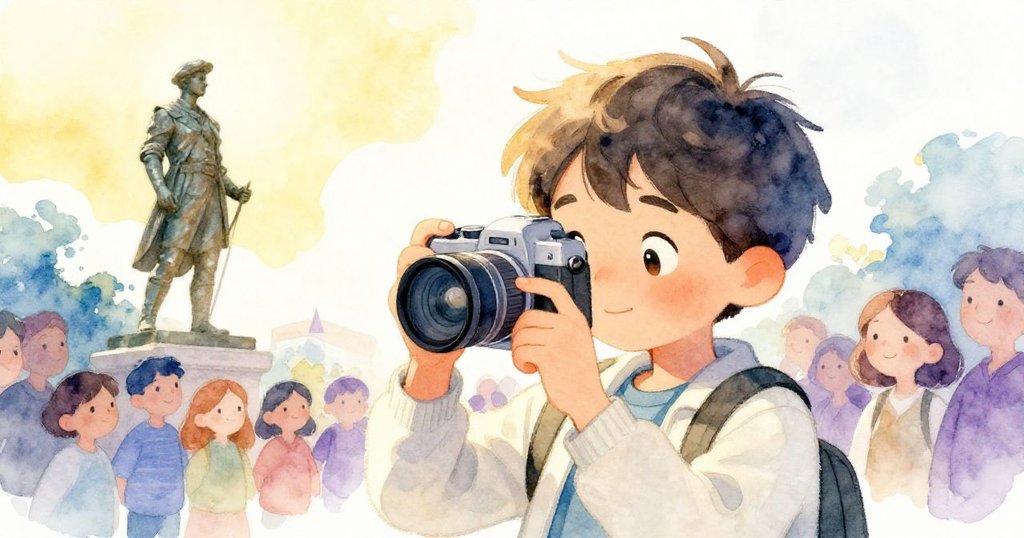 米洛穩定三腳架捕捉柔和日光下青銅雕像美景,他與看護人及群眾互送放心目光,結局溫馨