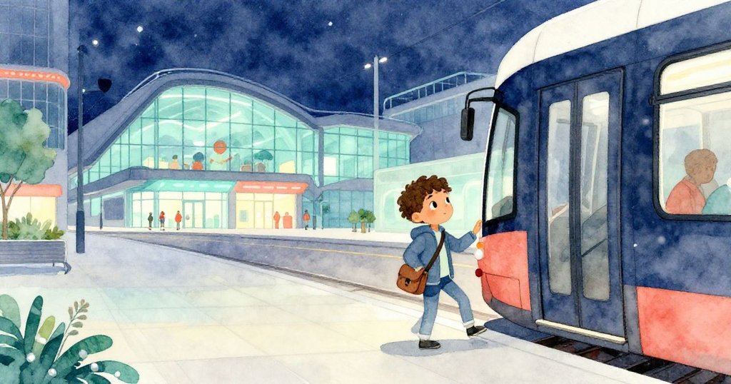 Milo走下電車，站在燈火初上的城市廣場，注視現代大樓，神情期待且安心，迎向冒險旅程。