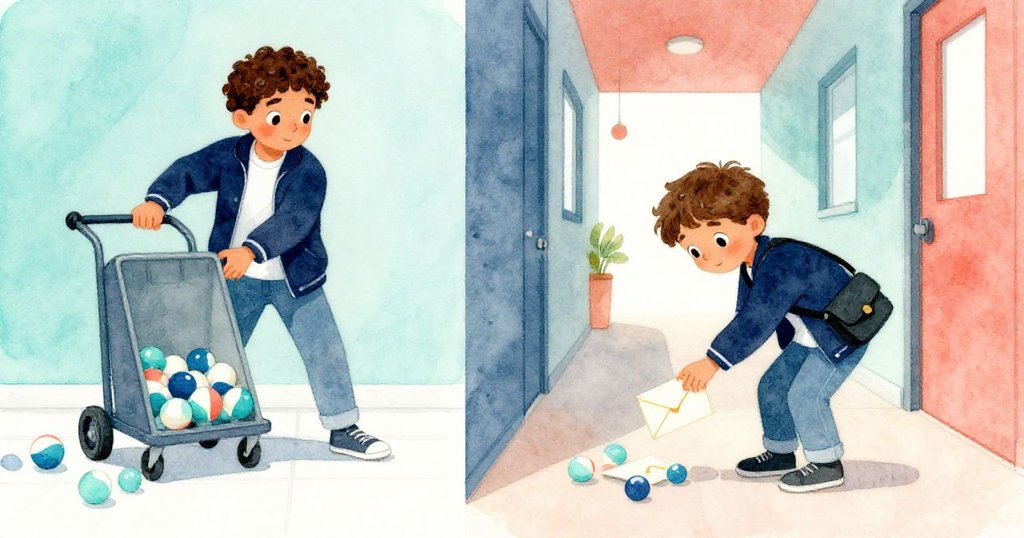 畫面分鏡中，志工推動搖晃維修車散落乒乓球，Milo蹲下拾取信封，場面忙亂中透露緊張與專注。