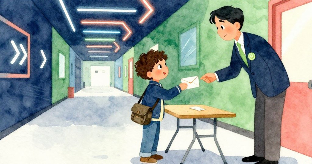 Milo順利撿回信封，與佩戴青檸徽章的協調員點頭致意，走廊中人潮復動，展現信任與忙亂。