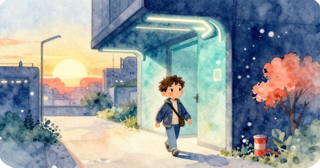 Milo在夕陽與霓虹餘輝中走出走廊，背景燈光和諧交織，表情堅定平靜，迎來新希望結局。