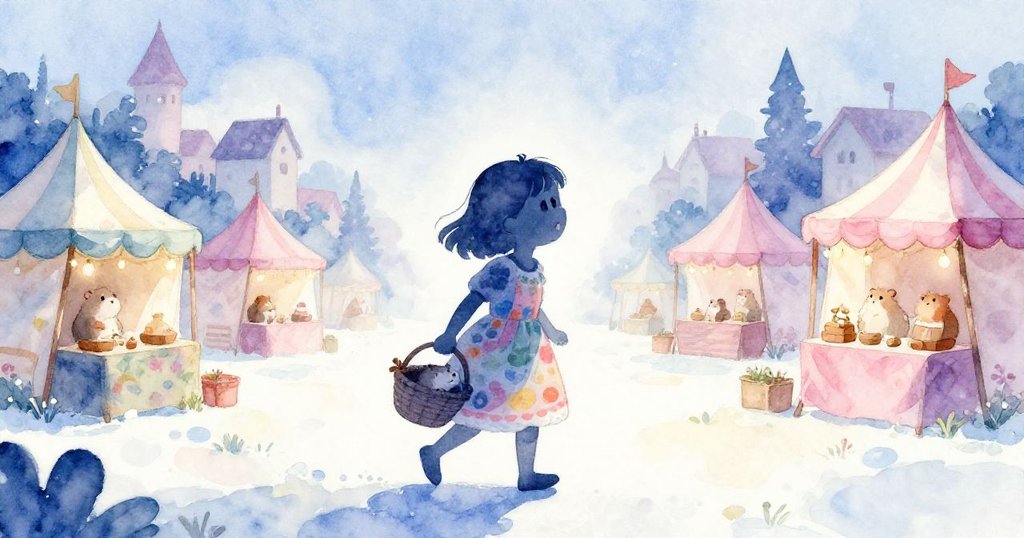 Mia在晨光中走過小村廣場，提著掛著小倉鼠籃子，背景充滿節慶攤位，她臉上流露著期待與喜悅。