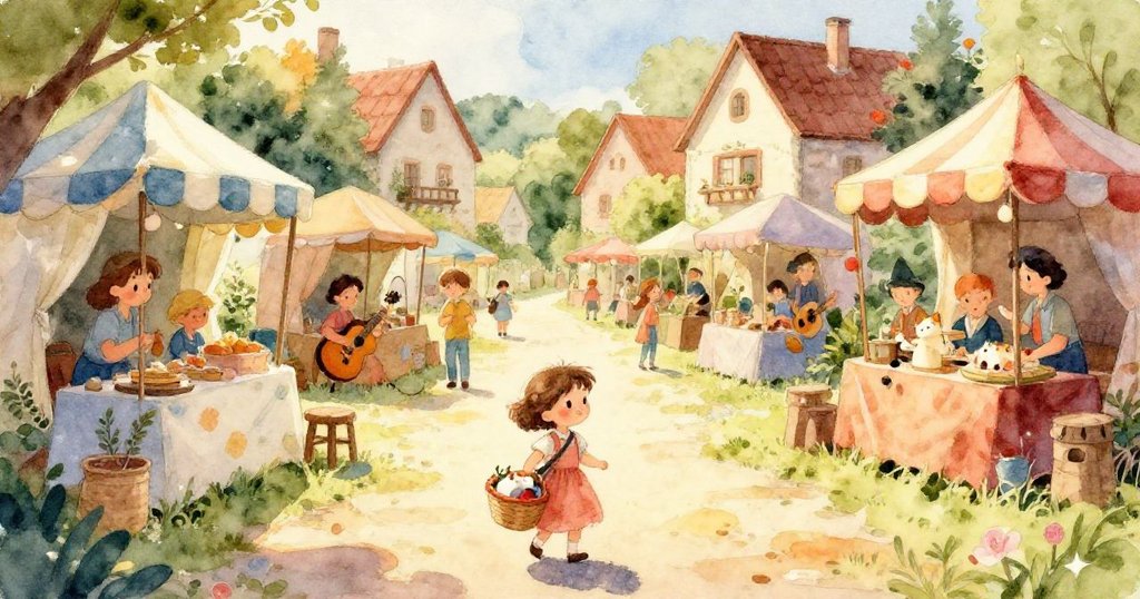 Mia特寫面部，眼中映出節慶燦爛的色彩，表現出堅定與好奇的情感，準備前往雜耍舞台。