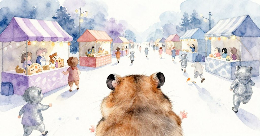 從倉鼠視角看見慌亂人群和精緻攤位，倉鼠驚恐逃跑於村莊廣場，充滿節慶與冒險情緒。