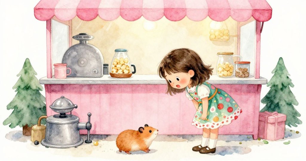 Mia在溫暖的爆米花攤內彎腰呼喚逃跑的倉鼠，環境中充滿香氣與燈光，她眼神流露出焦急與期盼。