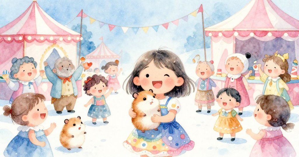 村民們圍著Mia慶祝，大家笑語盈盈，Mia抱著倉鼠展現喜悅，村莊節慶背景充滿溫暖氛圍。