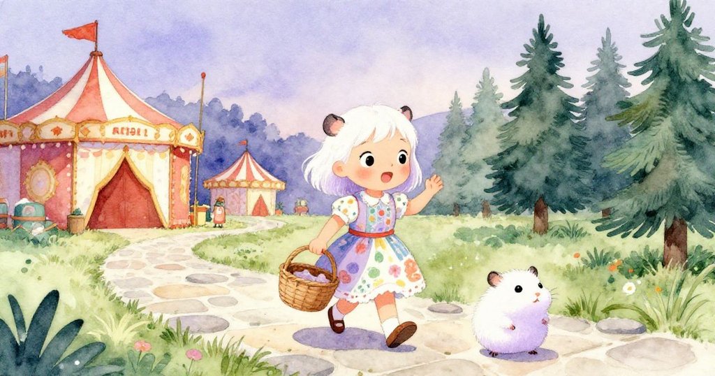 Mia穩步走在清理後的石板路上，籃子裡的倉鼠安全歸位，背景中爆米花攤散發香氣，氛圍寧靜溫馨。