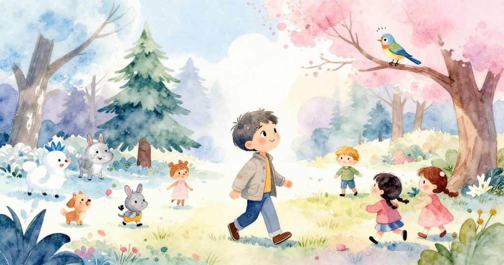 李奧在明亮公園中走路，拿著相機，周圍有許多動物和孩子，歌鳥停在樹枝上，他滿懷期待與興奮。