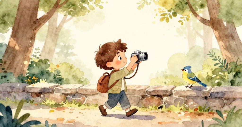 李奧的腳步踏在乾葉上，鞋子旁邊有樹枝與小石子，透露出專注與探索精神。