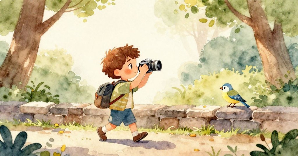 相機鏡頭中映出歌鳥鮮豔羽毛與明亮光斑，李奧認真調整焦距，充滿驚喜。