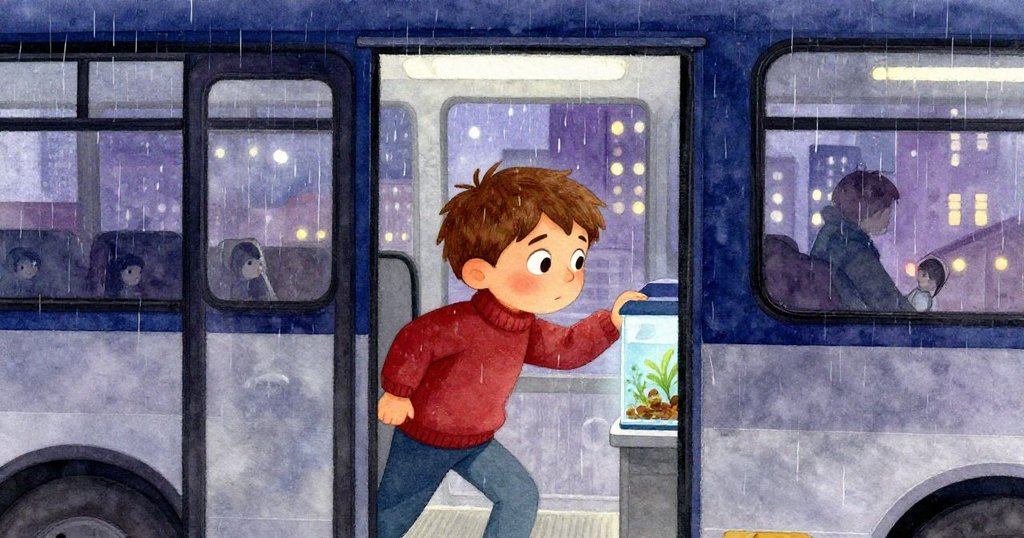 Leo跨過公車車門，雨水如線，他堅定步入公車，展開充滿希望與挑戰的旅程。