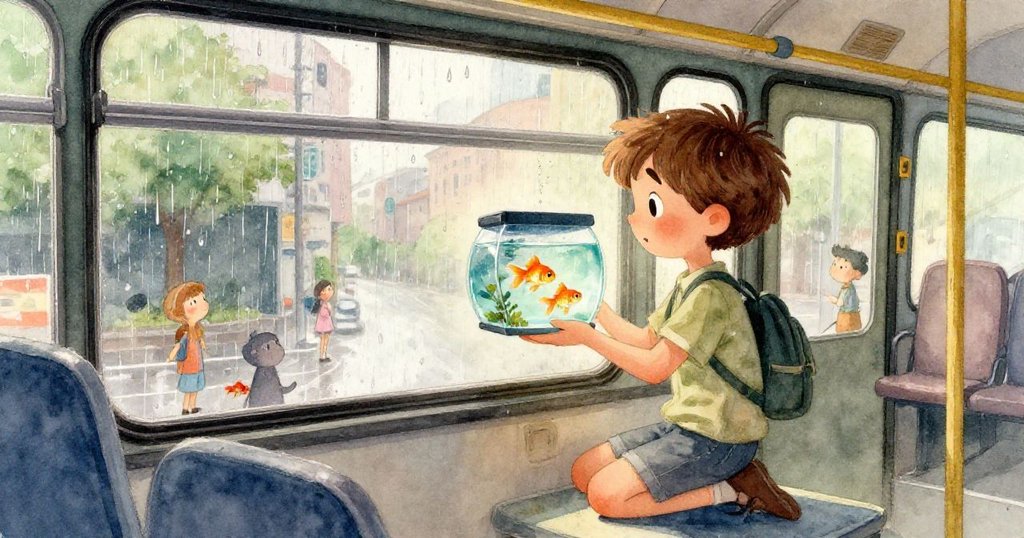 Leo緊握水族箱，雙手顫抖中堅定應對公車內擁擠環境，毛衣上細節隱約透露緊張情緒。