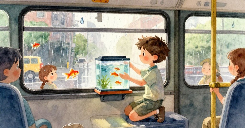 Starfin在水族箱中遊動，透過波光與雨影觀看外界公車景致，營造奇幻而靜謐的氛圍。