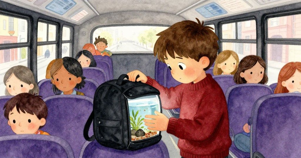 從高處俯視，公車內乘客匆忙穿梭，Leo在擁擠中守護水族箱，氣氛既忙碌又溫馨。