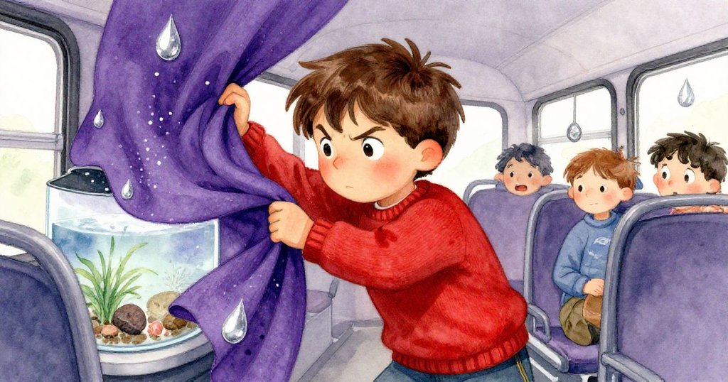 Leo迅速脫下毛衣覆蓋水族箱，動作果斷，臉上流露堅定與緊張情緒，展現英勇瞬間。