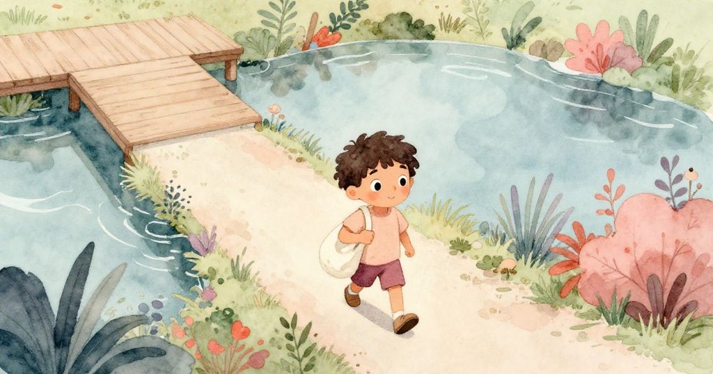 Leo放學後背著小布袋，從高空俯瞰公園池塘，陽光灑滿水面，綠意盎然與花香四溢，充滿期待。