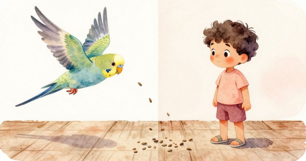 Leo在碼頭邊餵鴨子時，驚喜地被快樂鸚鵡輕觸，引發種子散落，畫面分割呈現雙重瞬間。