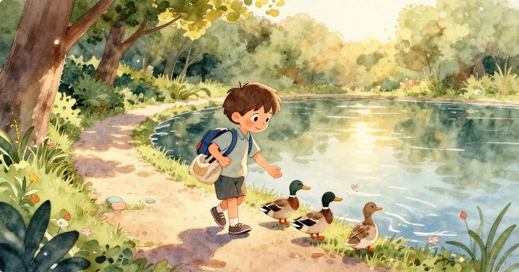 一隻鴨子驚慌拍打翅膀，掀起搖晃的空杯，杯子如小船般在水面上飄蕩，緊張瞬間。