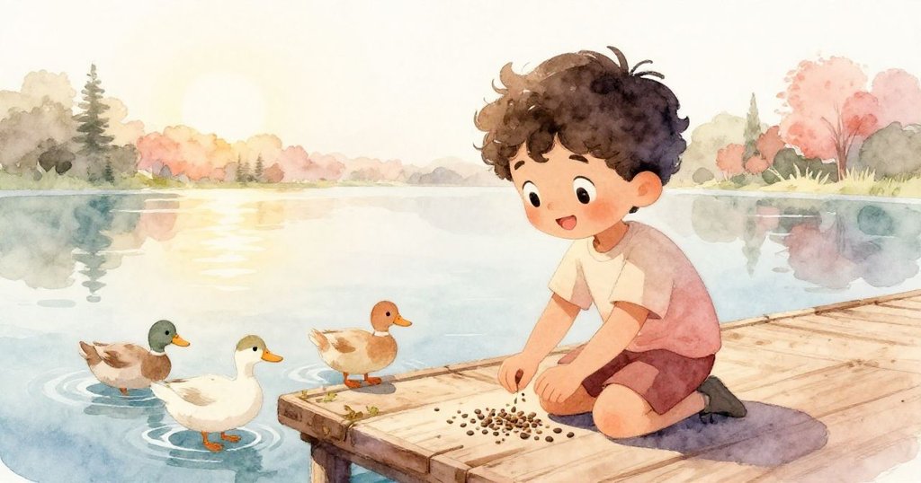 Leo蹲下撿起餘留種子，沿著木板輕踏向未來，笑容滿面，場景充滿溫暖與希望。