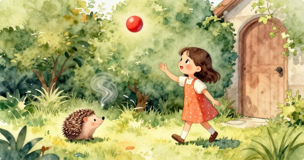 Mia專注地握著閃亮紅球,細看手部動作與球面紋理,庭院背景柔和,情緒專注充滿期待。