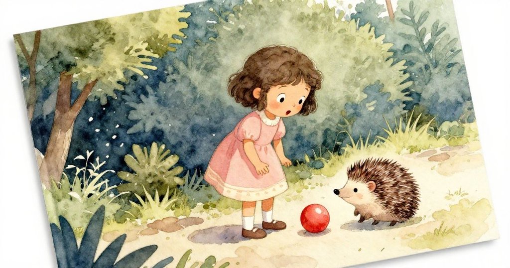 Mia驚訝地站在路旁,刺蝟從濃密灌木中探頭輕觸紅球,動態斜角視角呈現意外驚喜瞬間。