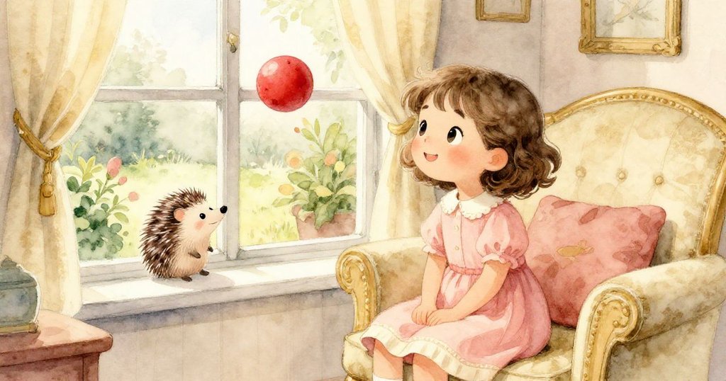 Mia在溫馨客廳中靠窗凝視庭院,紅球靜置桌上,外面刺蝟輕鬆遊走,室內燈光柔和溫暖。