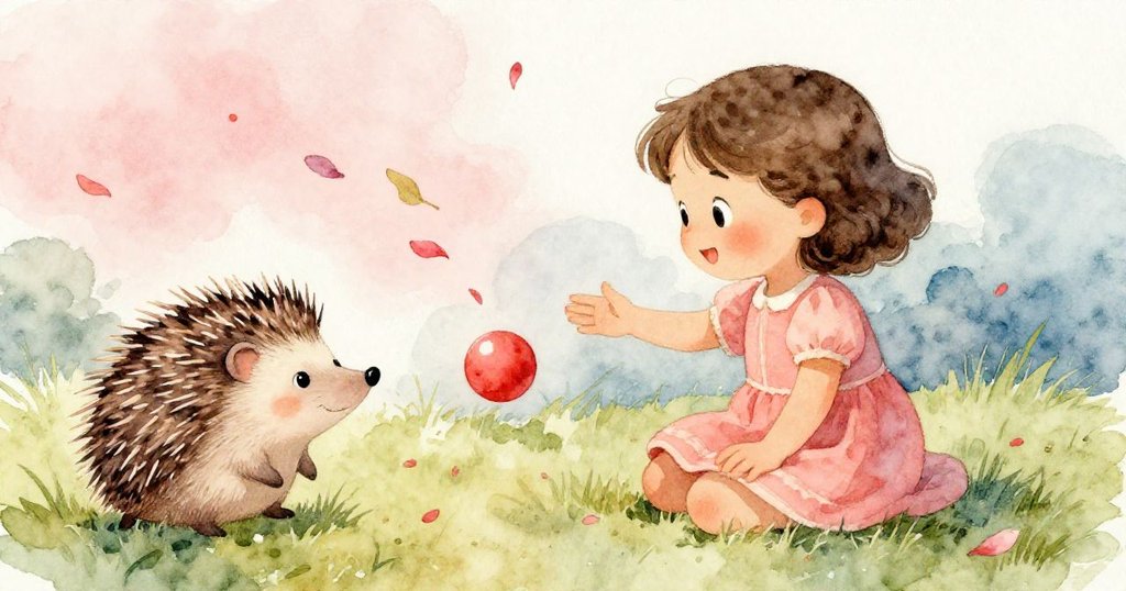 Mia坐在草地上準備輕拍紅球,刺蝟專注觀察,花瓣和樹葉隨風飛舞,氛圍既緊張又溫馨。