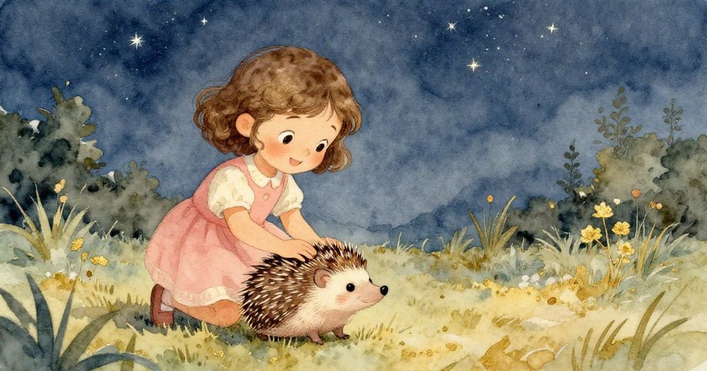 在星空點綴的夜晚,Mia溫柔撫摸刺蝟,寧靜庭院中彼此重逢,臉上滿是溫馨與喜悅。