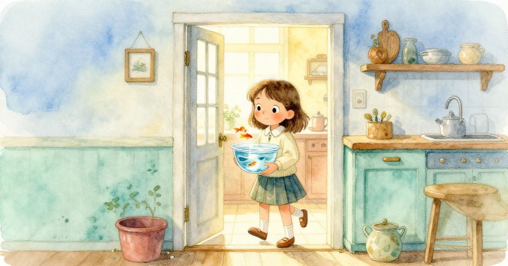 莉婕手持塑膠碗開門入廚,陽光灑進溫馨廚房,小孔雀魚在光中活潑遊動,呈現故事開端之期待與明亮。