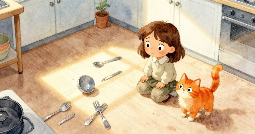 從高處俯瞰見瓷磚上銀器散亂、碗筐傾倒,莉婕與橘貓呈現驚慌神情,生動描繪意外混亂場面。