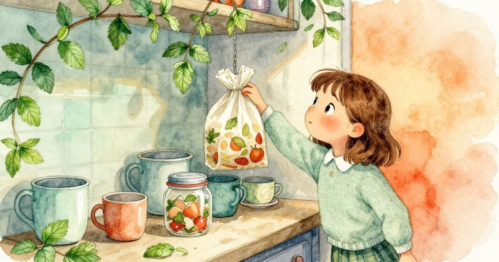 莉婕彎身於隱蔽架旁輕觸食物袋,密封罐在重杯間滑動,廚房角落呈現微妙且神秘的動作。