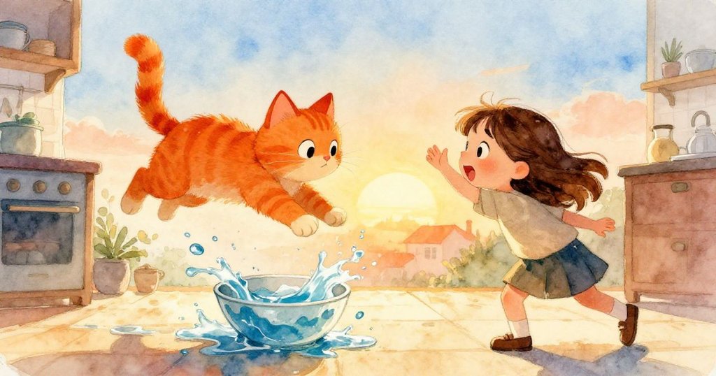 橘貓靈動躍向傾倒碗筐,水花飛濺中莉婕迅速應對,動感場面展現廚房突發混亂與活力。