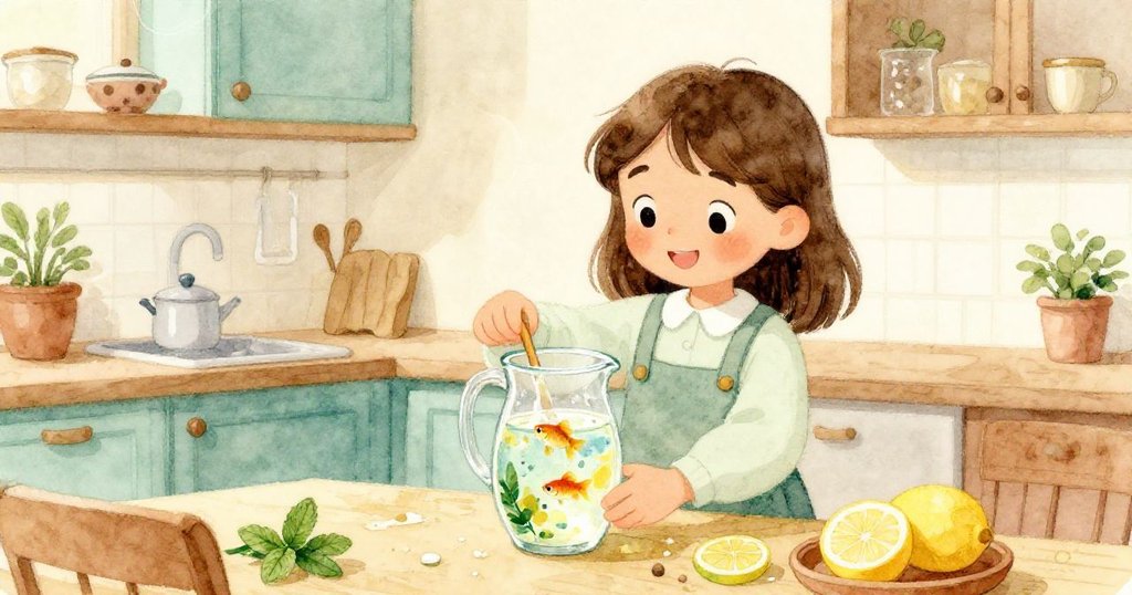 莉婕微笑清理廚房,用抹布輕將小孔雀魚送入檸檬水壺中,溫馨場景中告別早前混亂,恢復寧靜。