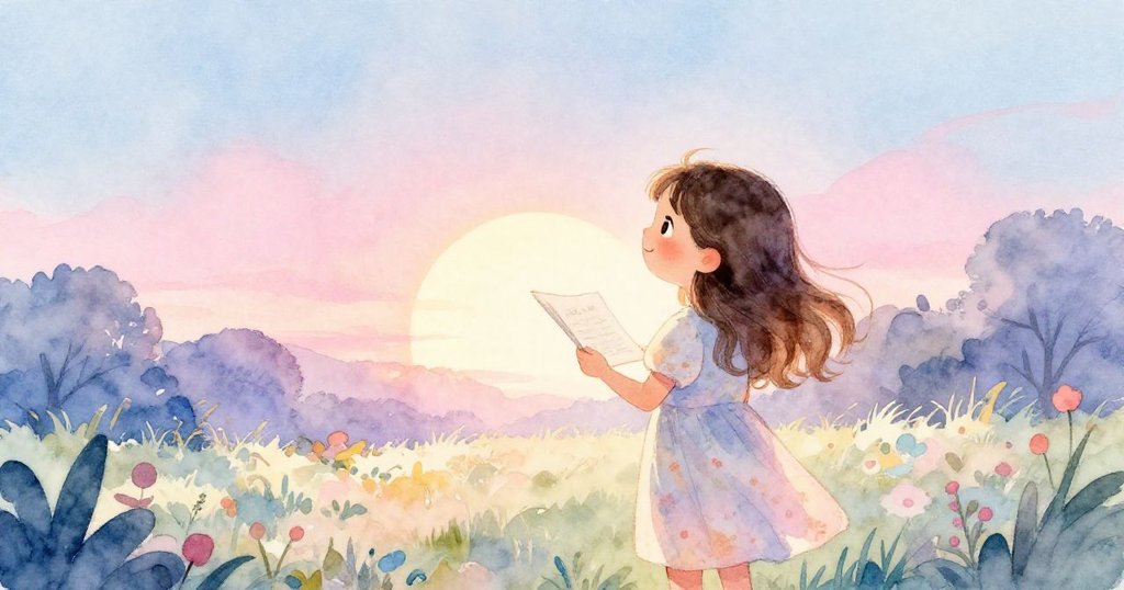 米拉在晨光中站在庭院,手持畫本輪廓分明,背景中有柔和的晨曦和寧靜氛圍,展開新的一天旅程