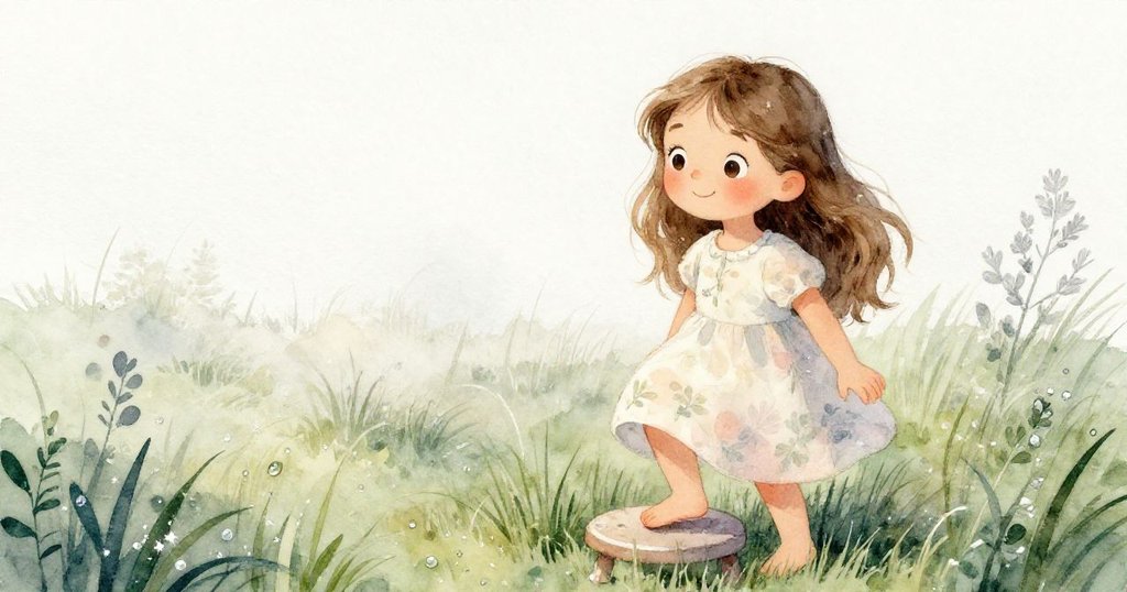 米拉的小腳踏上低凳,露水閃亮的草地映出晨光,畫面充滿期待和動感,展現早晨的活力