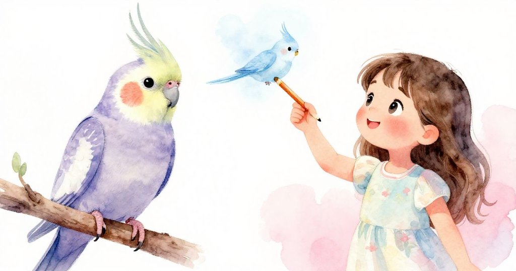 畫面左邊展現一隻停在枝頭的雞尾鸚鵡,右邊米拉抬筆對準它,兩者互動溫馨充滿好奇,色彩柔和