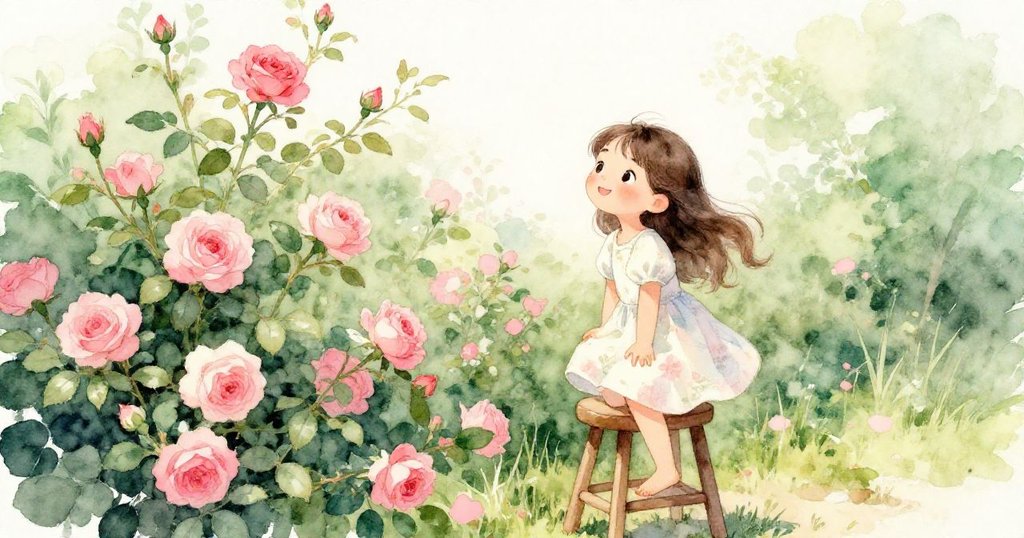 米拉站在高凳上擴大視野,遠處玫瑰隨風輕搖,庭院充滿生機與寧靜的早晨氣息