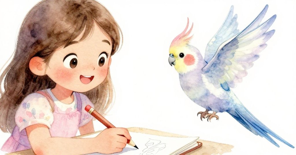 米拉專注地用鉛筆在畫本上描繪飛舞的雞尾鸚鵡,面帶欣喜神情,晨光柔和且細節豐富,展現藝術靈感