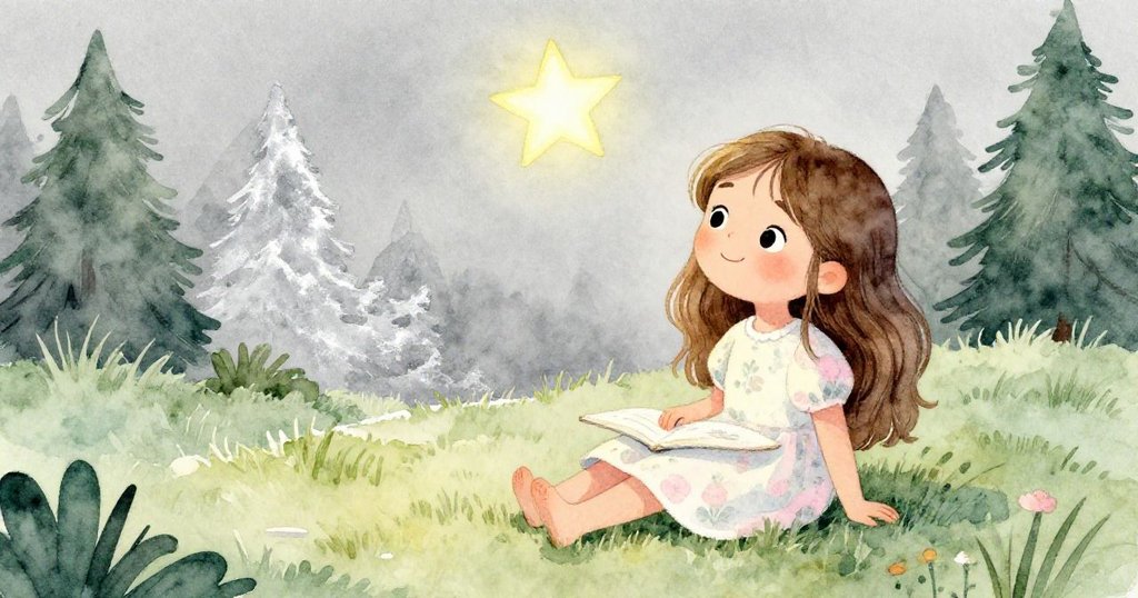 米拉靠在完成的畫本旁,神情安寧,庭院靜謐中有一顆明亮的小星守候,展現早晨創作後的平和與滿足