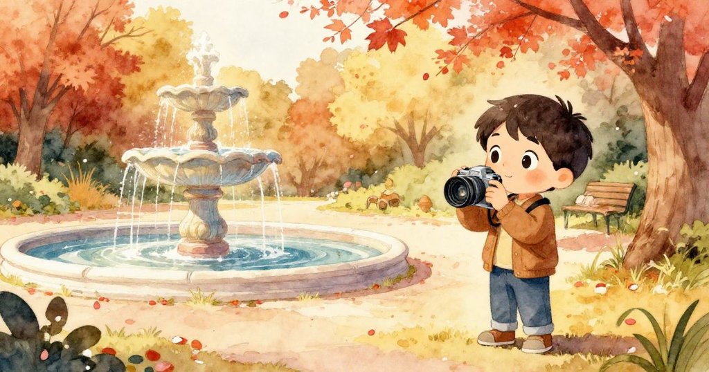 李奧在楓樹公園噴泉旁調整相機，陽光灑落，櫻花花瓣飛舞，臉上顯露專注興奮，場景充滿溫暖自然細節。